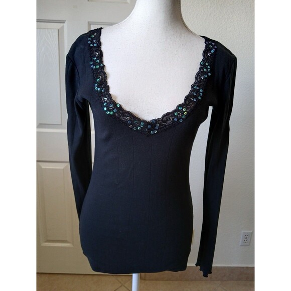 O’Neill Black Sequin Lace Scoop Neck Long Sleeve Top Y2K Style Women’s Large - Picture 2 of 16